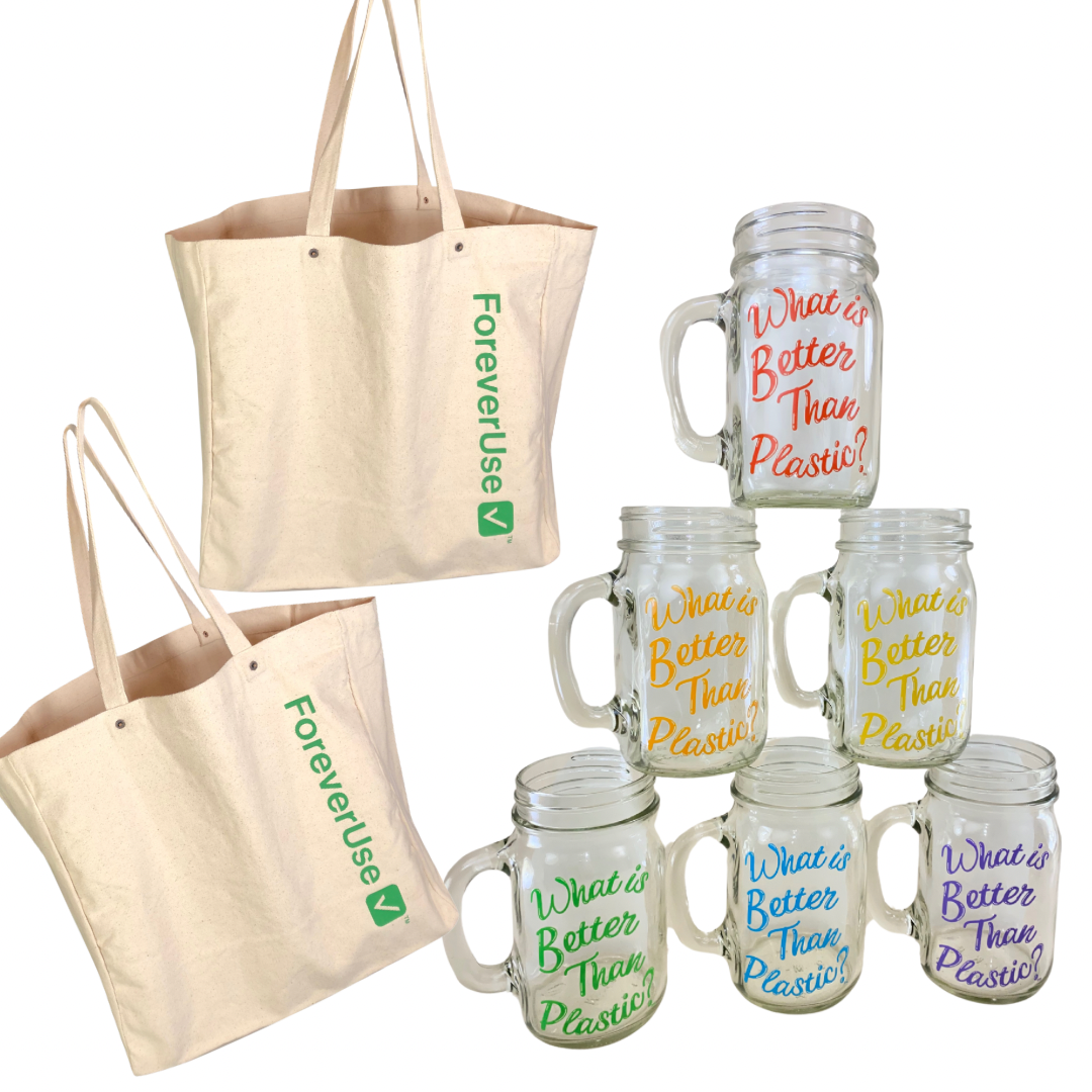 “What Is Better Than Plastic?” Glass Drinking Mason Jar set