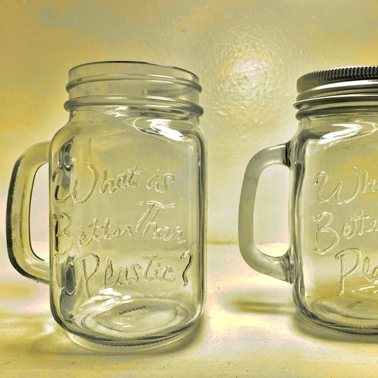 Set of (4) Drinking Mason Jars w/ Handles “What is Better Than Plastic?” Brand Embossed Glass